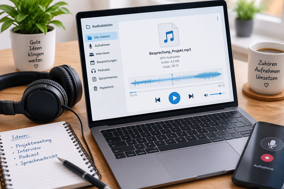 Diktiergerät und Kopfhörer für die Texterfassung von Audiodateien